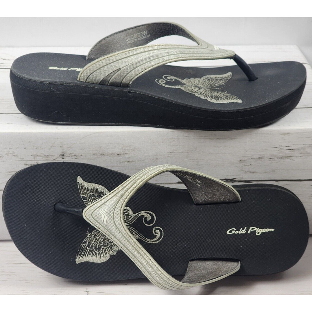 Golden Pigeon Gray on Black Thong Slip On Mini Wedge Flip Flop, Women's 7.5 (38)